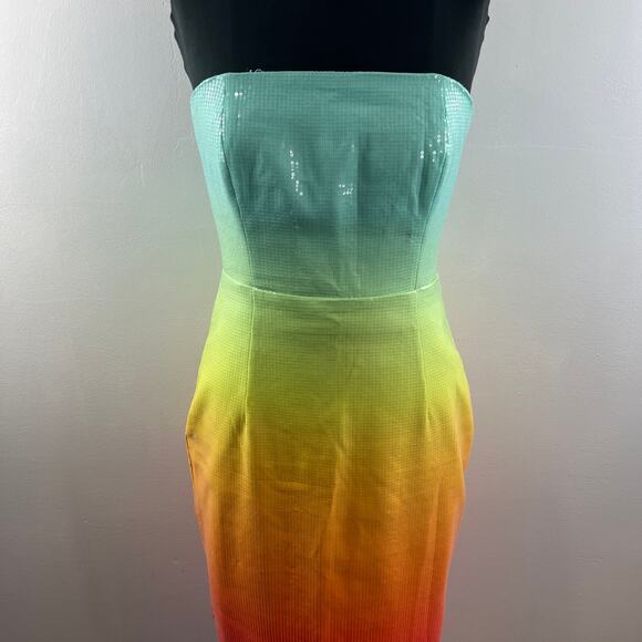 NWT RuNAWaY Malibu Midi Dress Rainbow Ombre Strapless Sequin Bodycon Size L - Picture 3 of 11